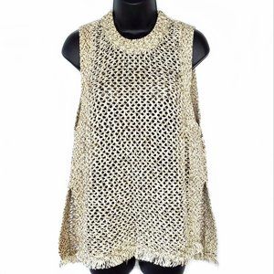 John + Jenn Sleeveless Sweater Tunic Size Large Open Knit Fringe Hem Metallic